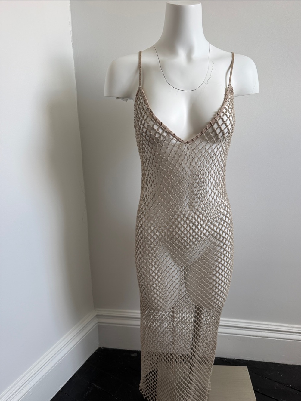 Zara Beige Crochet Net Strapless Slip Dress
